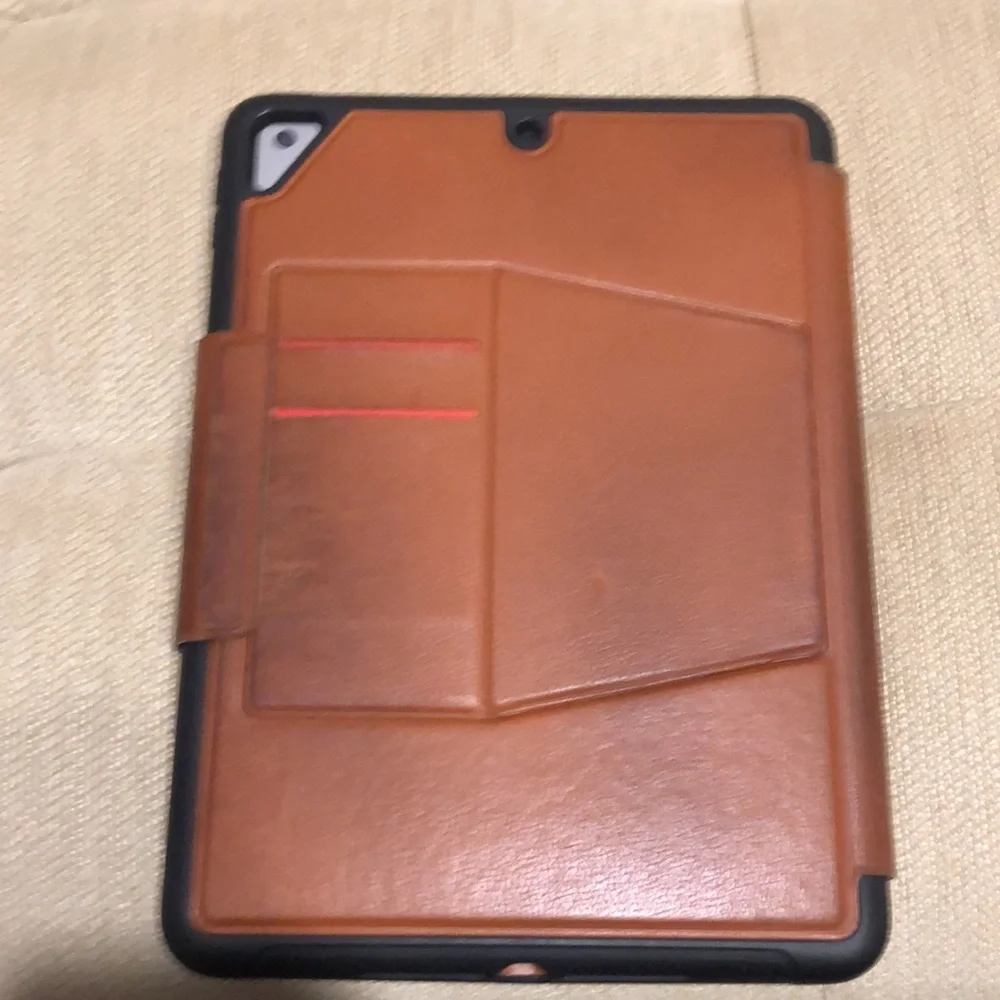 Seymac iPad leather adjustable height cover w/card slot & pen holder,used cognac